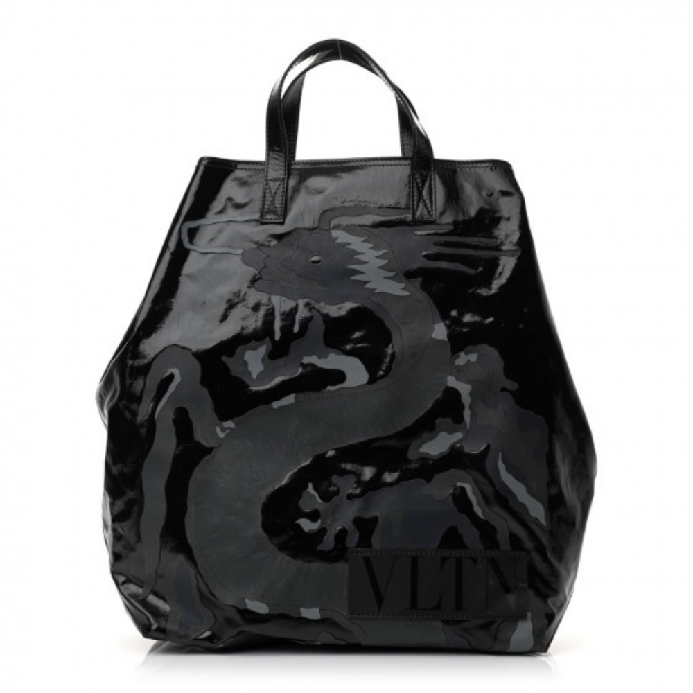 VALENTINO GARAVANICoated Canvas Camo Embossed Dragon Vertical Tote Black